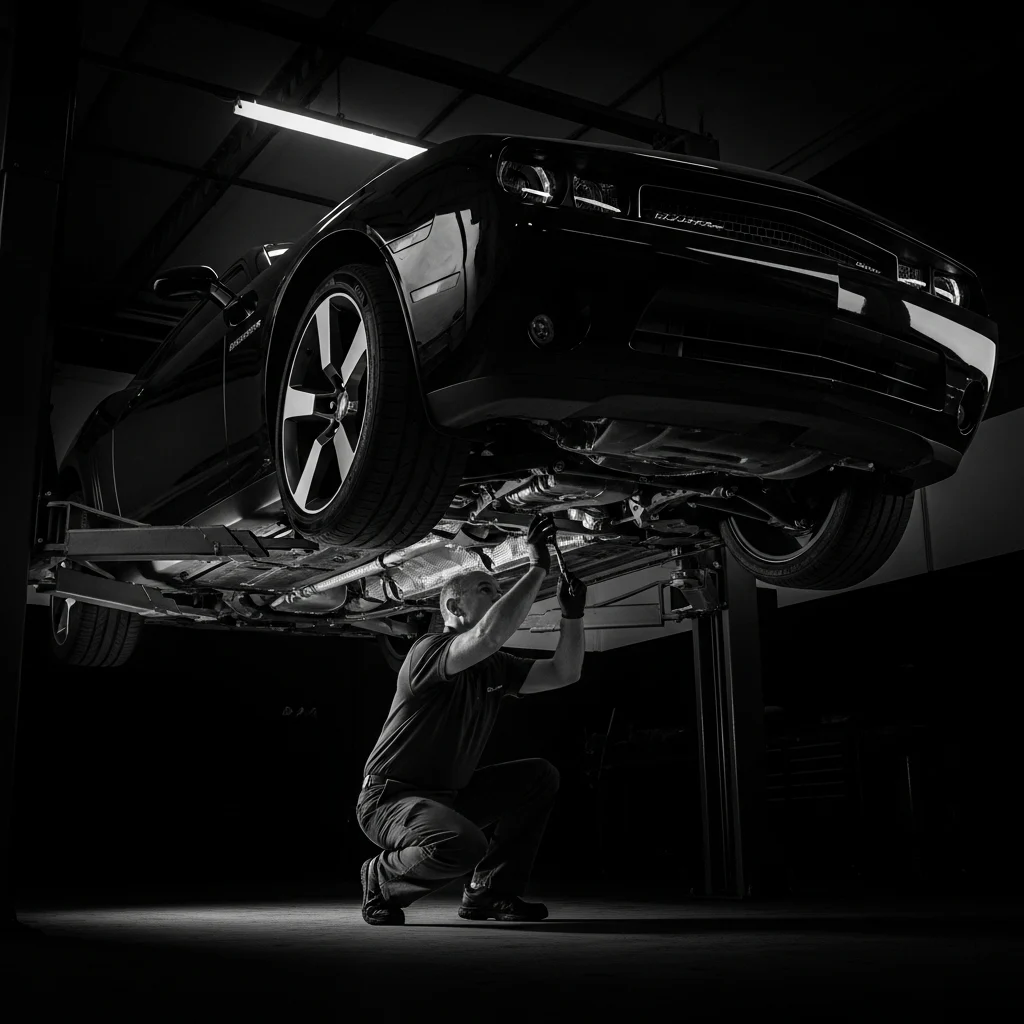 A mechanic working underneath a car raised on a lift