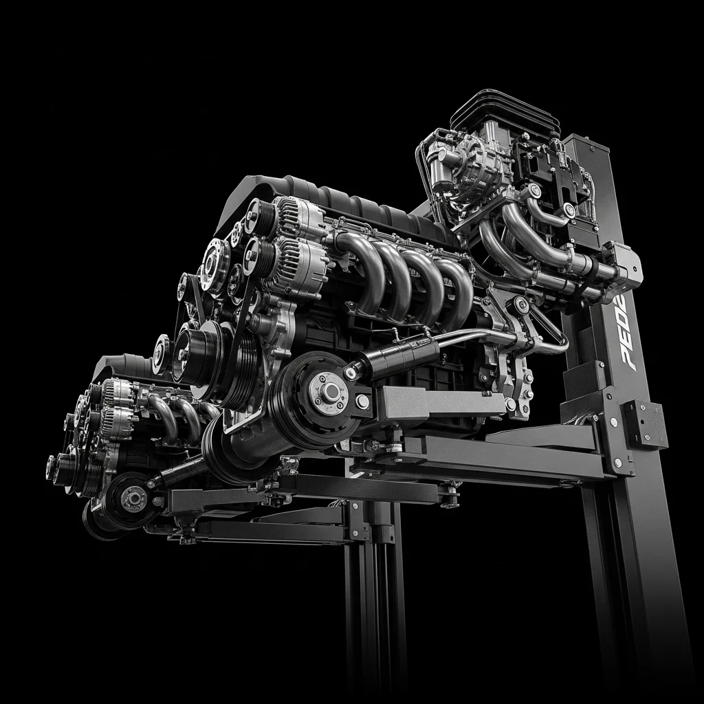 An engine mounted on a diagnostic stand