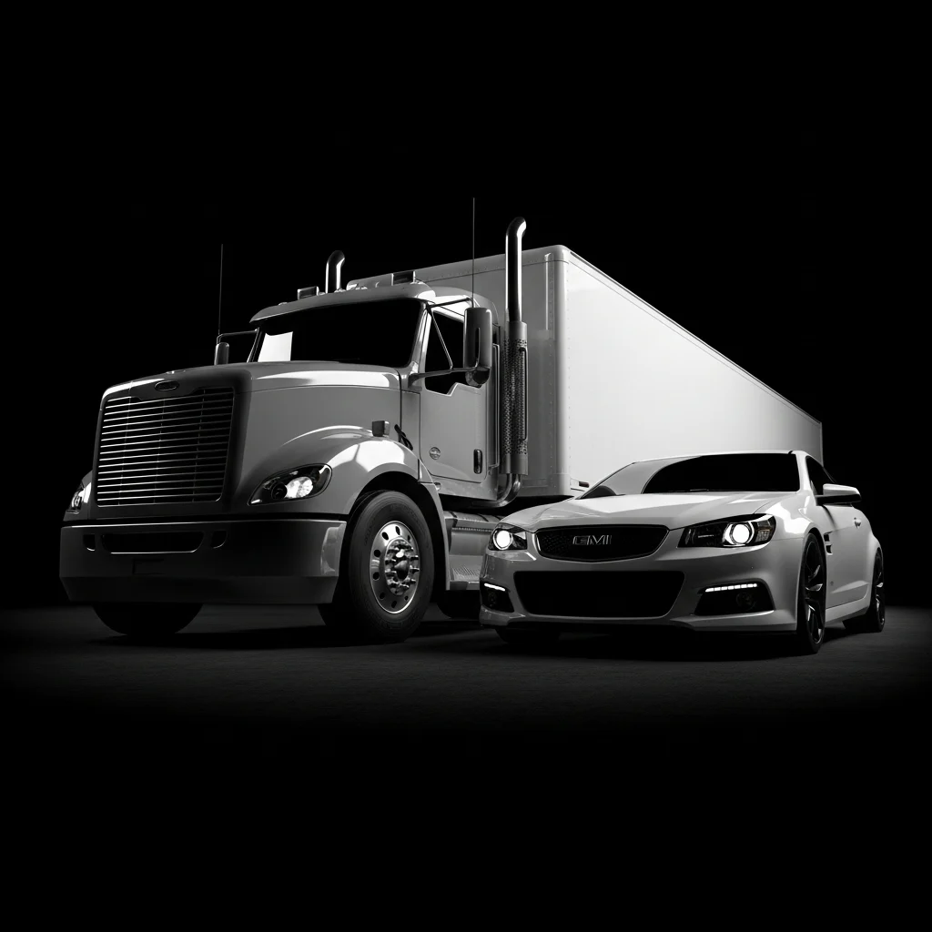A semi-truck and a white car side by side on a dark background