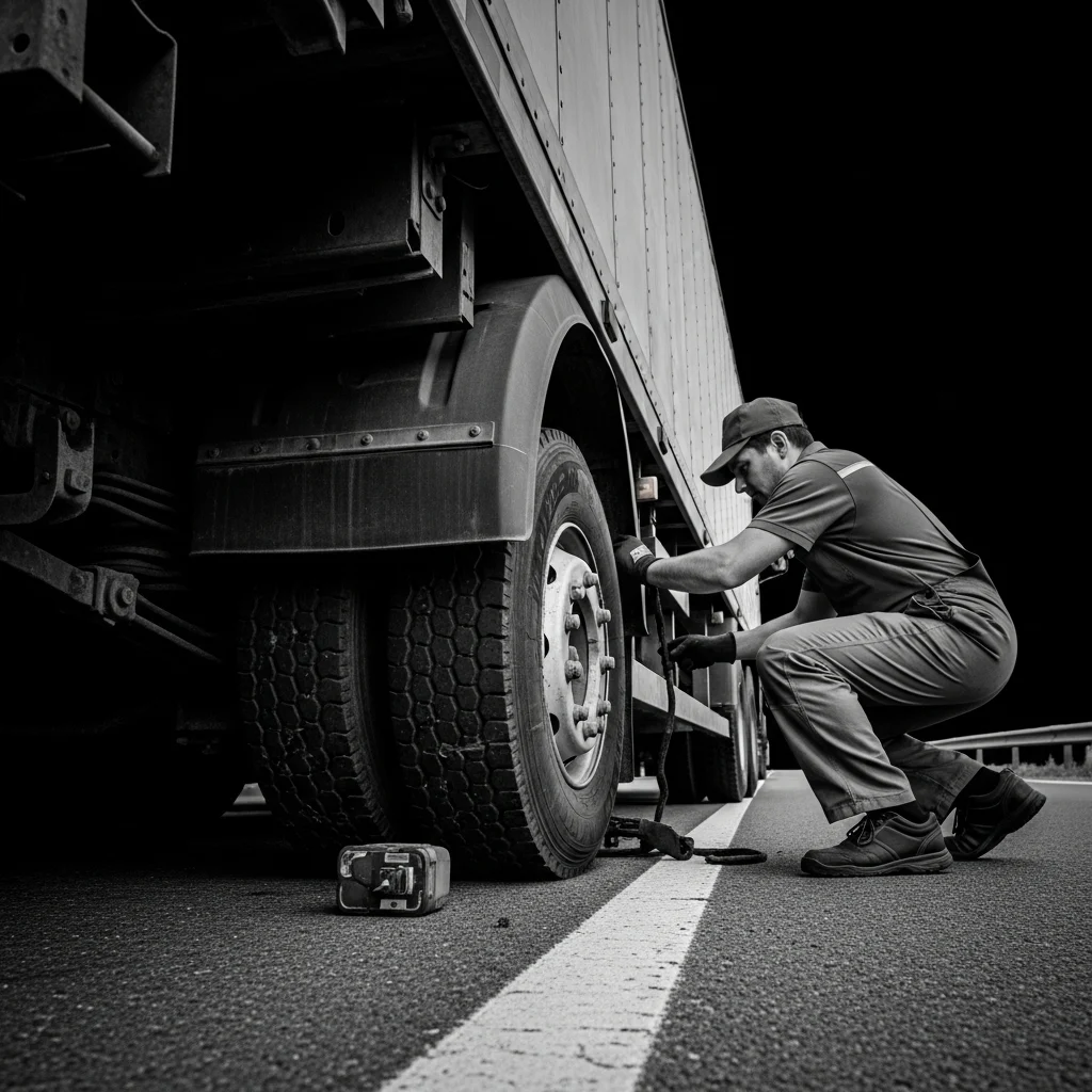 A mechanic kneeling to change a truck tire on the highway