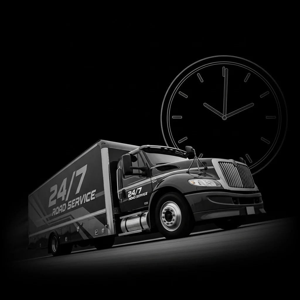 A 24/7 Road Service truck in front of a large clock