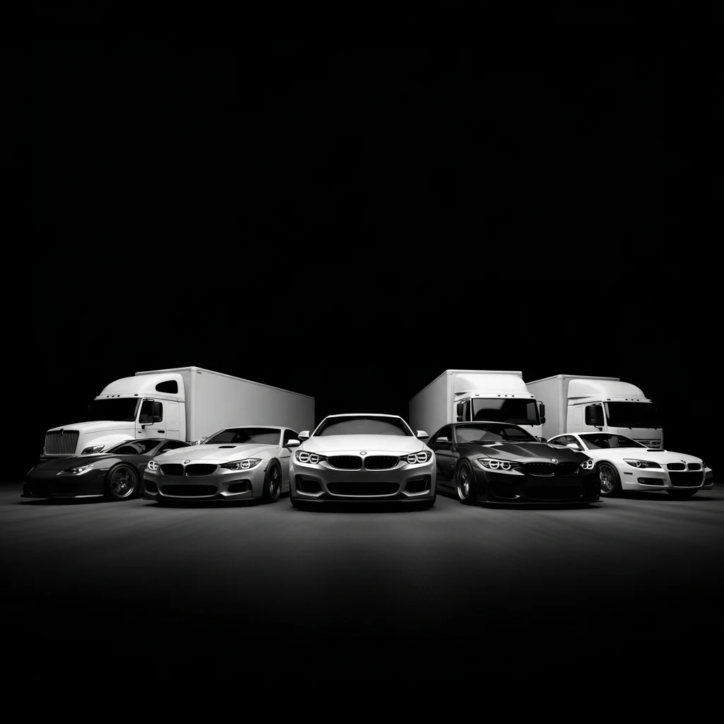 A row of cars and trucks in a dark showroom