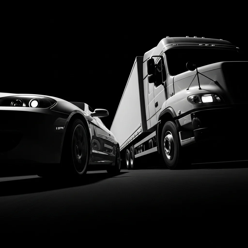 A truck and a car side by side on a dark road
