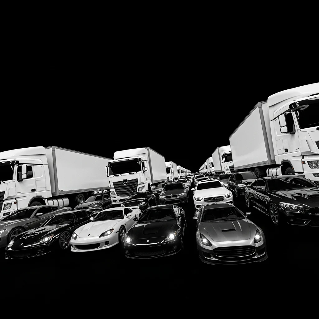 A crowd of trucks and cars parked in rows
