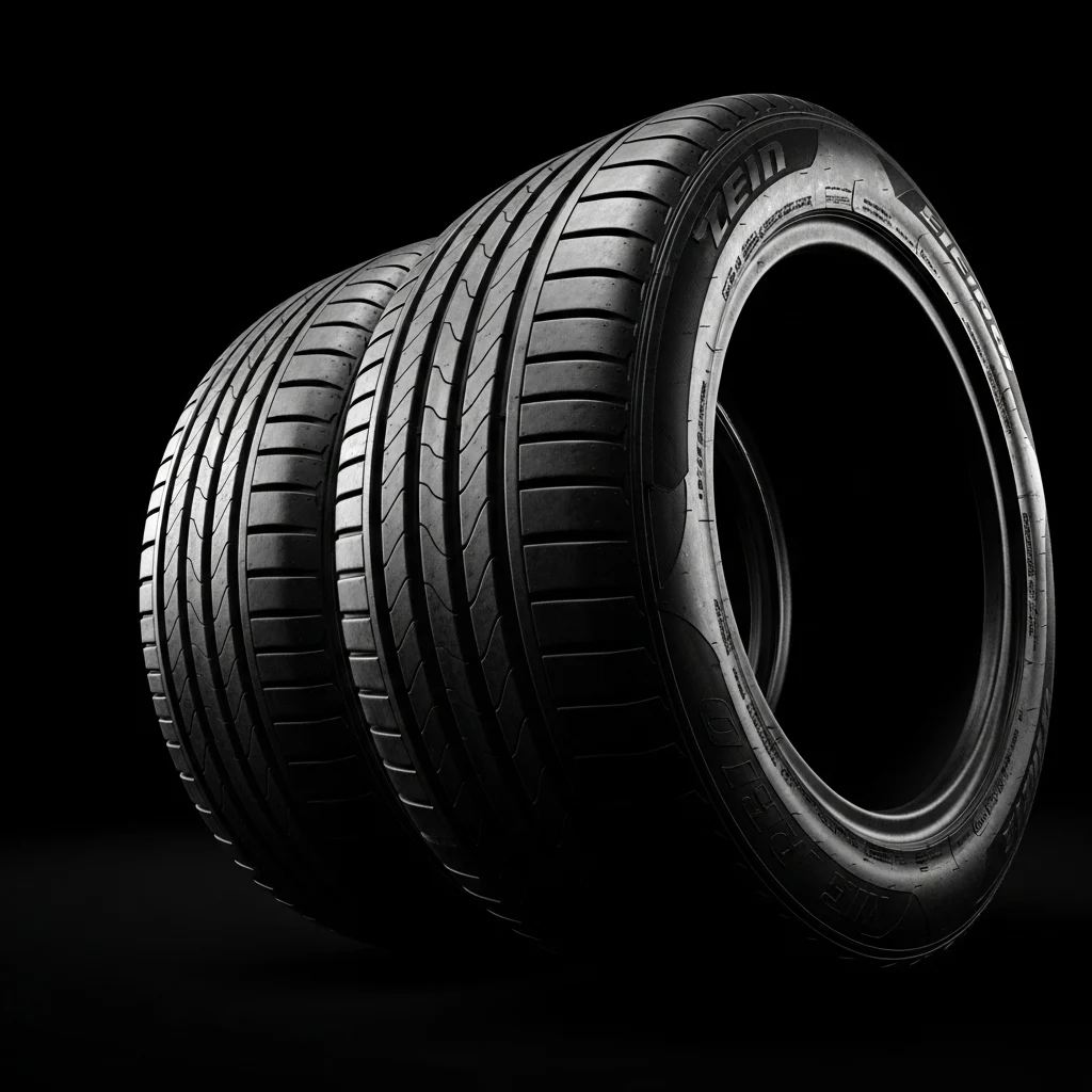 Two new tires at an angle, showing the sidewall