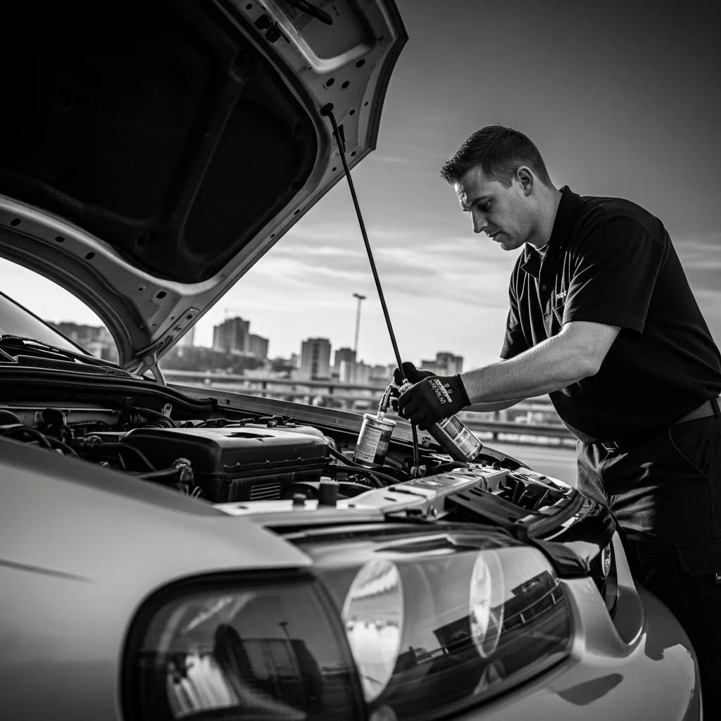 A mechanic checking the oil of a car with its hood open