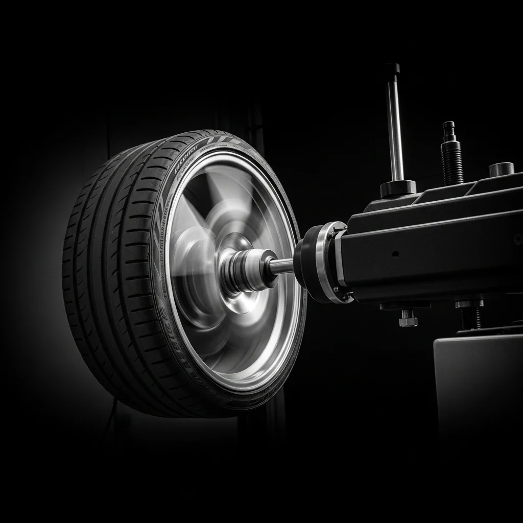 A tire being balanced on a wheel balancing machine