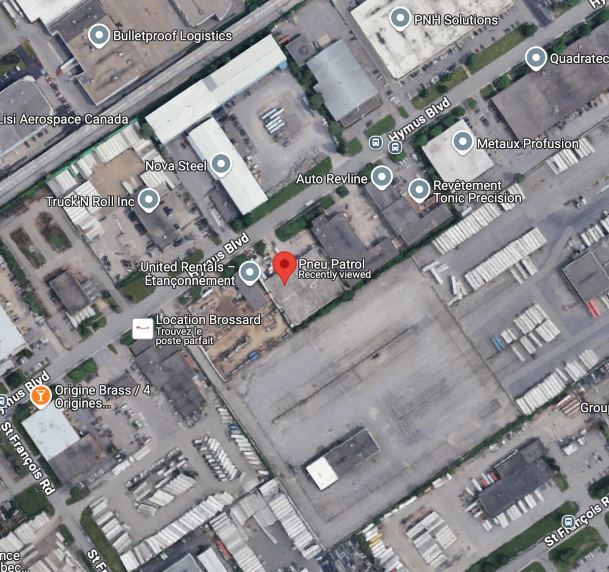 Map showing the Pneu Patrol location on Hymus Blvd in Dorval