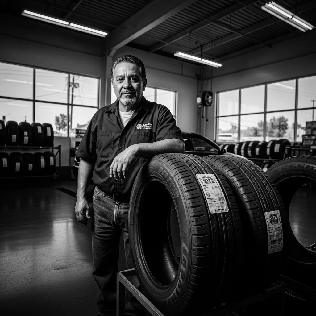 A man in a tire shop leaning on stacked tires