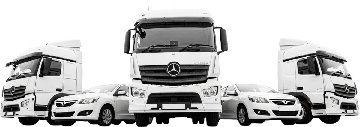 A row of white trucks and cars