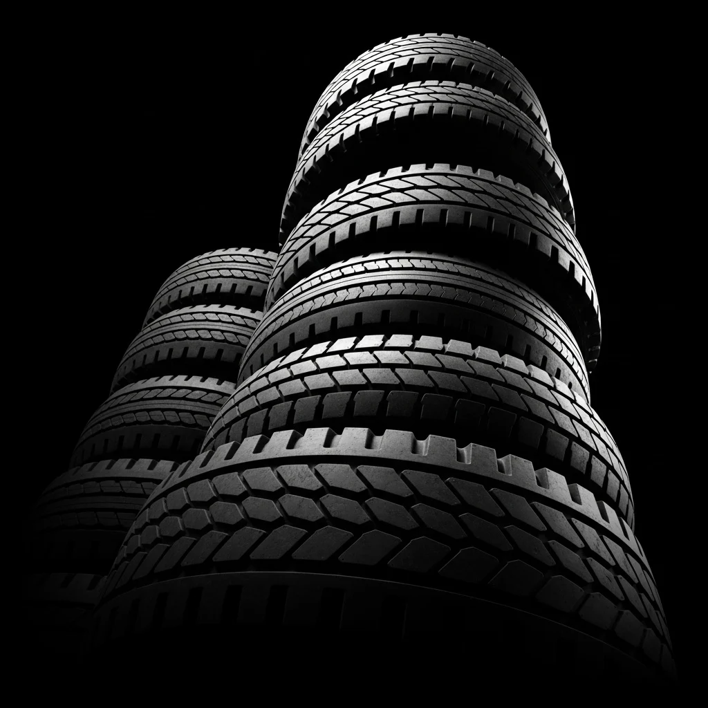 Tires stacked high in columns, seen from below
