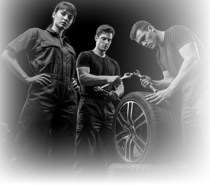 Three mechanics working on a tire and wheel