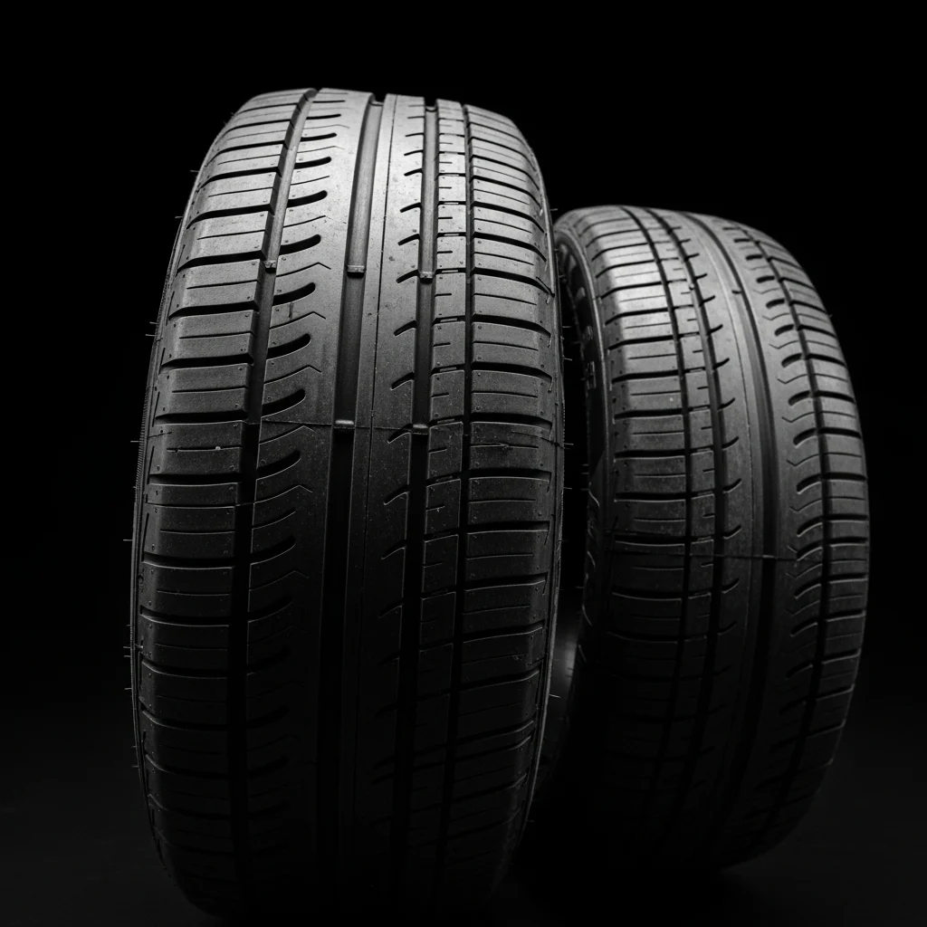 Two tires standing side by side, close-up of the tread