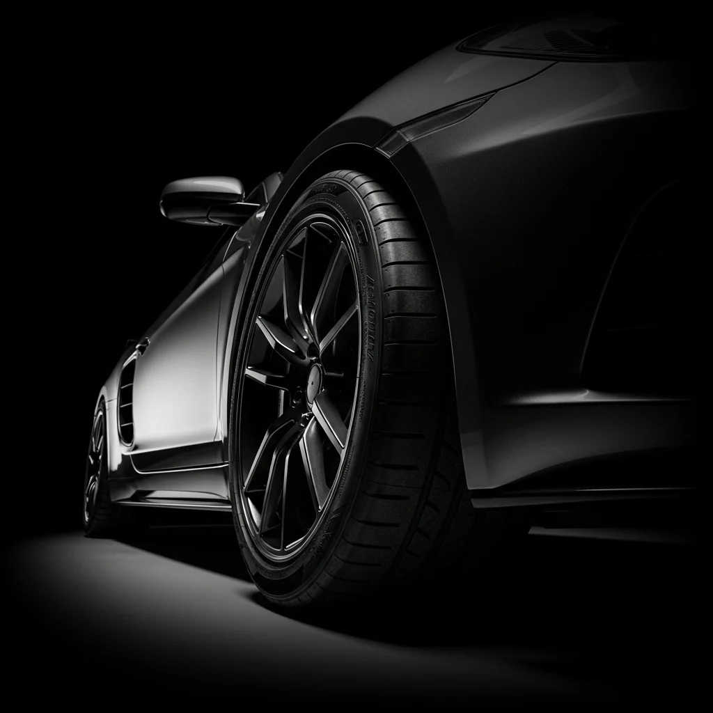 Close-up of a dark car wheel and fender
