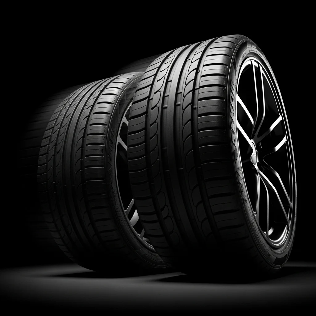 Two tires with dark alloy wheels, one blurred in motion