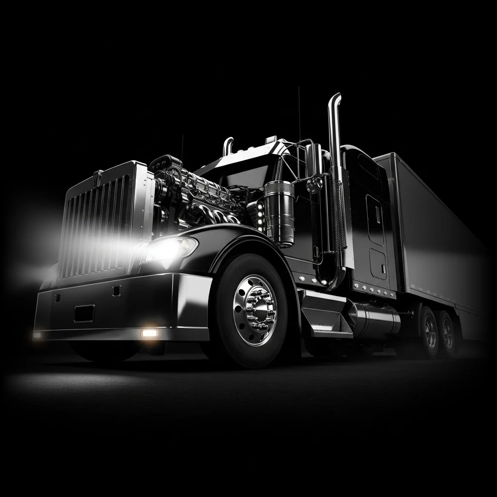 A black semi-truck with chrome exhaust stacks and headlights on