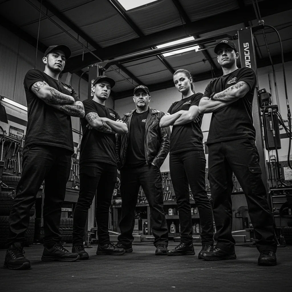 Five mechanics standing with arms crossed in a garage