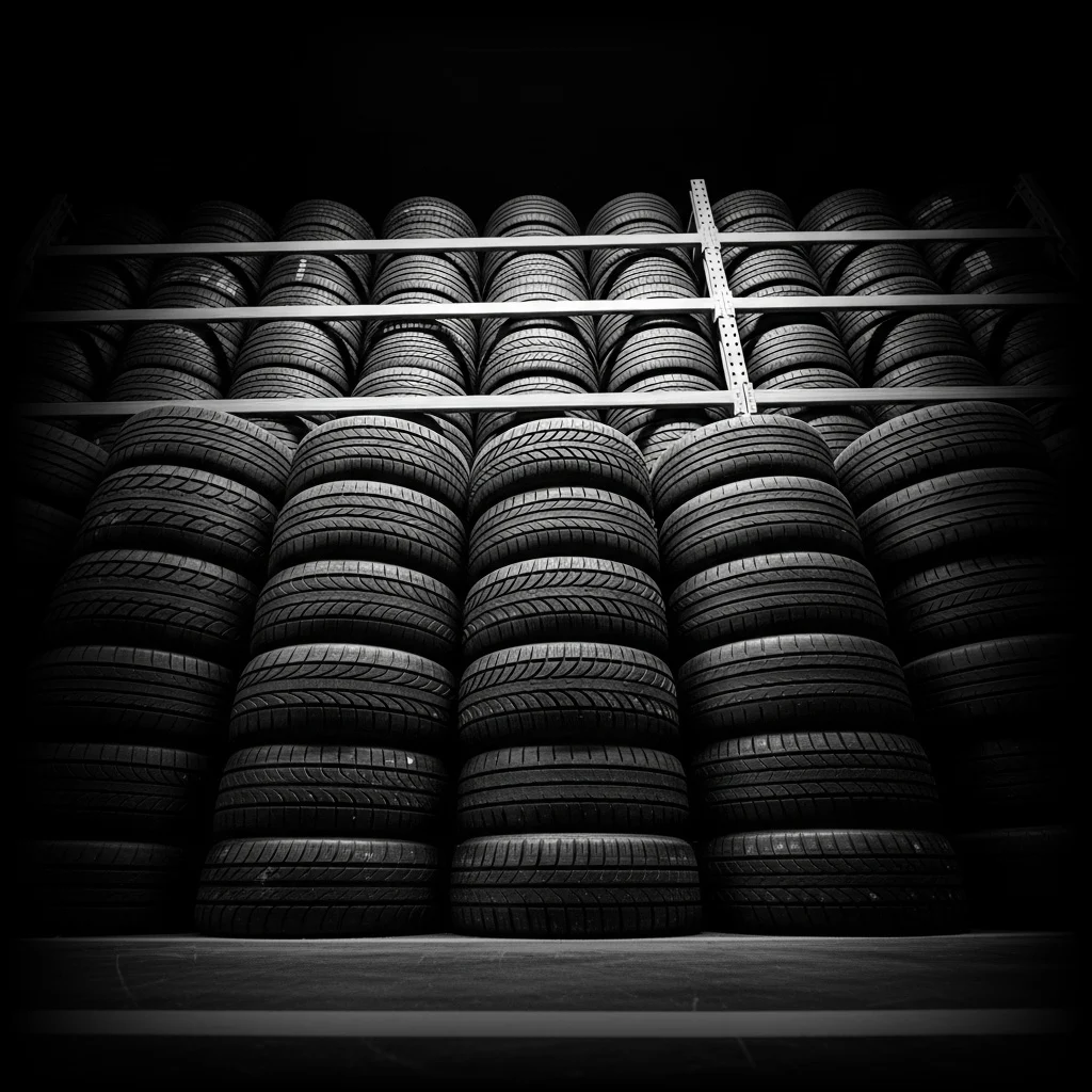 Rows of tires stacked on storage racks