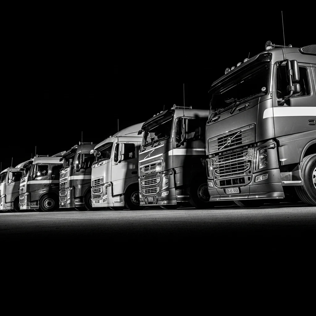 A row of semi-trucks lined up at night